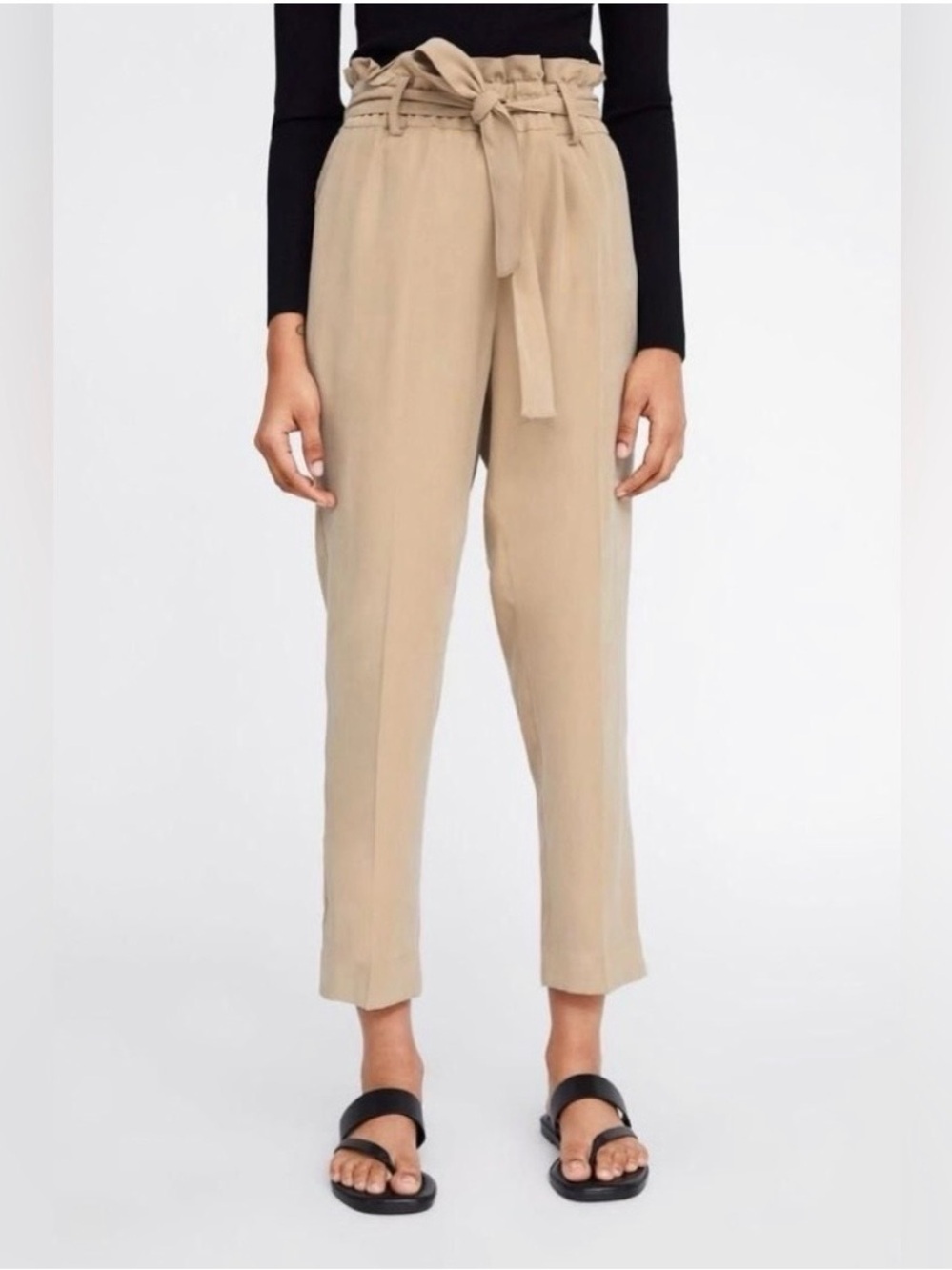 Zara Paper Bag Elastic Tie Waist Straight Leg Pants Beige Neutral Size M Office